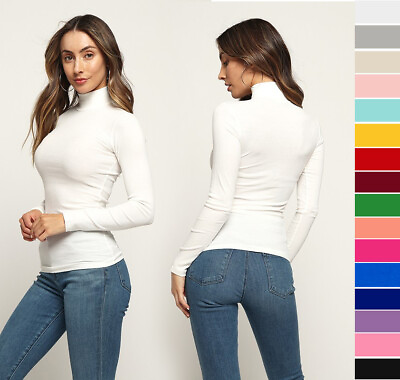 #ad Women#x27;s Basic Turtleneck Top Soft Stretch Ribbed Knit Cotton Long Sleeve Shirt