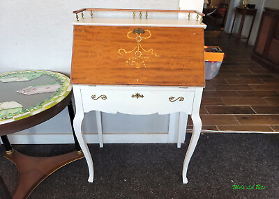 #ad White Painted Victorian Secretary Desk With Pearl Inlays