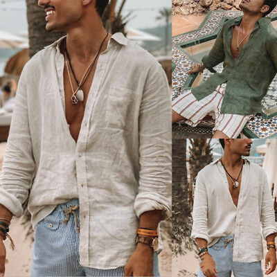 #ad Mens Casual Cotton Linen Shirt Long Sleeve Loose Blouse Button Down Shirts Tops