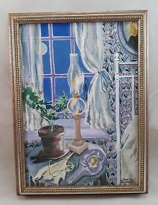 #ad Bedside Oil Lamp Still Life Painting Victorian Cottagecore Decor Signed
