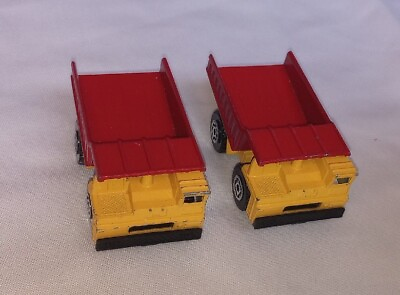 Lot of 2 Matchbox Yellow Red Dump Truck 1989 1:140 scale Toy Vintage Trucks