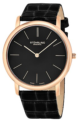 Stuhrling Men#x27;s Swiss Quartz Ultra Thin Rose Tone Black Leather Strap Watch
