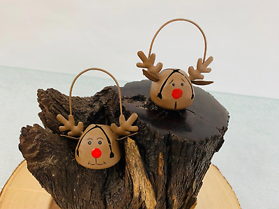 #ad 2X JINGLE BELL RED NOSE REINDEER METAL CHRISTMAS ORNAMENTS
