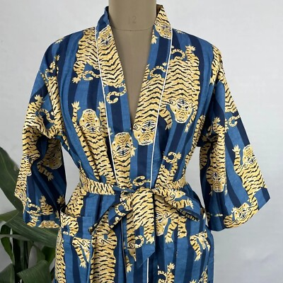 #ad Indian Blue Kimono Cotton Robes Long Kimono Robes Sleepwear Night Suit Kimono US