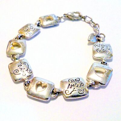 #ad Silver Tone Love Themed Link Bracelet