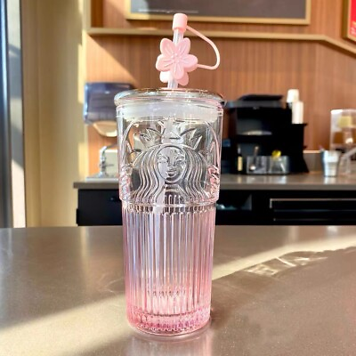 2023 Starbucks Glass Cup Gradient Pink Sakura Tumbler w Cherry blossom Topper