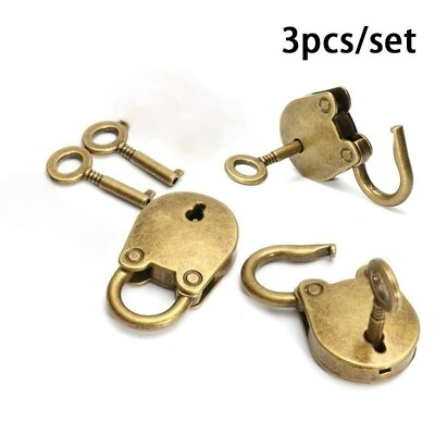 #ad 3 Pcs Set Mini Padlock Old Vintage Style Small Metal Bronze Antique Locks w Key