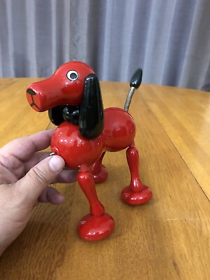 Vintage Greek Kouvalias Wooden Red Dog Pull Toy Spring Tail For Parts Or Repair