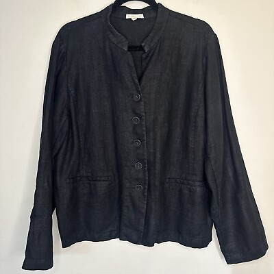 #ad Eileen Fisher Womens 100% Linen Blazer Jacket Size XL Black Band Collar