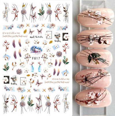 #ad Nail Art Sticker Decal Butterfly Cotton Flower Winter Floral Fern Laef F817 NH21