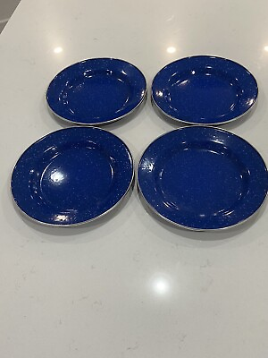 #ad 4 SPECKLED BLUE ENAMELWARE METAL EDGE DINNER PLATES Picnic Camping EUC