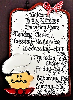 #ad FAT CHEF Kitchen Operating Hours SIGN Cucina Bistro Wall Art Hanger Wood Plaque