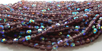 100 Pcs 8mm Czech Fire Polished Faceted Glass Beads DARK AMETHYST AB