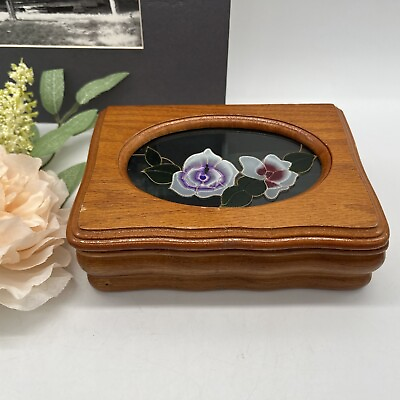 Vintage Stained Glass Style Wooden Jewelry Box Pansies Green Velvet AS IS