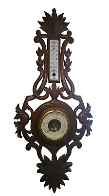 #ad Vintage Antique Wall Wood Carved Black Forest Barometer Thermometer 28quot;