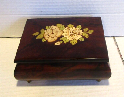Vintage Reuge Swiss Music Jewelry Box Ornate Wood Inlay Floral Plays Perfectly.