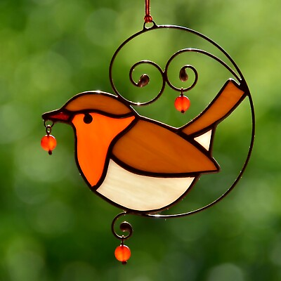 #ad Stained Glass Robin 45x5 in Handmade Bird Sun Catcher Window Hangings Ornament