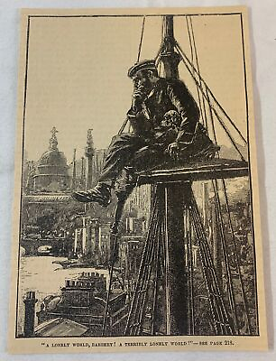 #ad 1885 magazine engraving LONELY WORLD Peg Legged Sailor With Puppy Top Of Mast