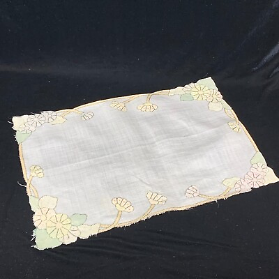 #ad Antique 1930s Linen Rectangle Doily Applique 18 X 12 Floral Thousand Stitches