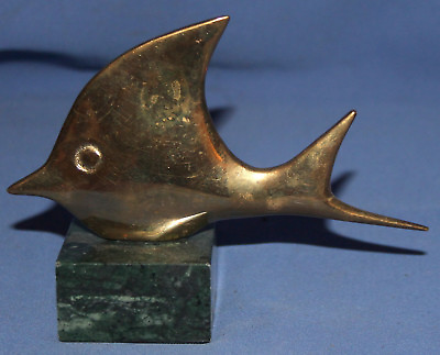 Vintage hand made brass art work fish statuette with marble base