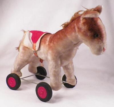 #ad Gund Horse on Wheels Pull Toy Mohair Beige Cinnamon Plush Stuffed Childs Vintage