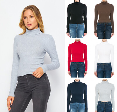 Turtleneck Long Sleeve Basic Knit Top Shirt Stretch Cotton Solid Ribbed T Shirt