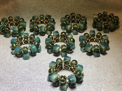 #ad Lot 8 Vintage Green Glass Beaded Gold Metal Napkin Rings Holder