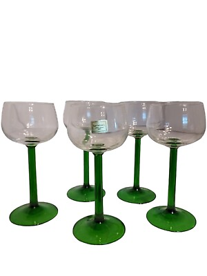 Vintage Luminarc France Clear Green Stem Wine Glasses Set of 5