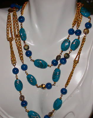 #ad Gorgeous Extra Long Gold Foiled Turquoise Glass Rhinestones Wired Necklace 55quot;