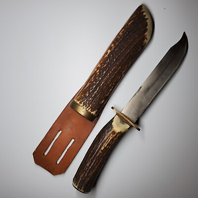 #ad Vintage Handmade German Hunting knife brass bone handle blade scabbard sheath