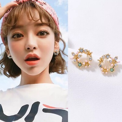 #ad Fashion Korean Jewelry Floral Crystal Earrings Blueamp;Pink White