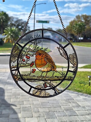#ad VINTAGE VTG Stained Glass Painted Robin Bird Nesting Suncatcher Signed DML