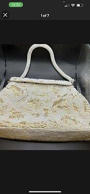 #ad Vintage White And Gold Beaded Evening Clutch Purse 1940s