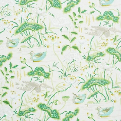 #ad Schumacher Botanical Bird Linen Print Fabric Lotus Garden Leaf 8.25 yd 172939