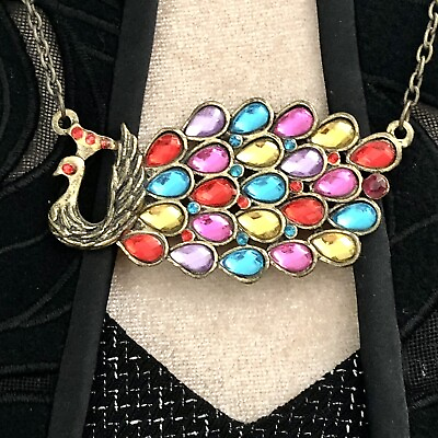 Peacock Pendant Necklace Rainbow Rhinestone Boho Animal Bird Jewelry 24”