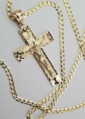 #ad 14K Solid Yellow Gold Religion Diamond Cut Jesus INRI Cross Crucifix Pendant