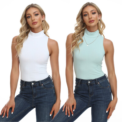 #ad Women Sleeveless Turtleneck Tank Top Stretch Mock Neck Fitted Solid Casual Basic