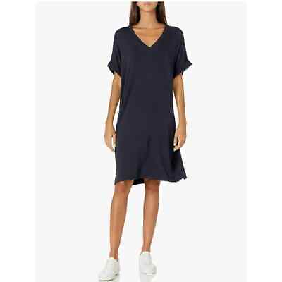 #ad Daily Ritual Womens Supersoft Terry V Neck Roll Sleeve Dress Navy Small NWT