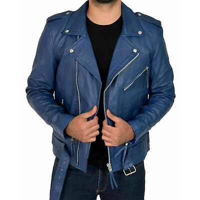 Men#x27;s Leather Jackets Motorcycle Bomber Biker Blue Real Leather Slim Fit Jacket