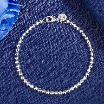 #ad 925 Sterling Silver Filled 4mm Beads Chain Bracelet Bangle Women Jewelry Gift