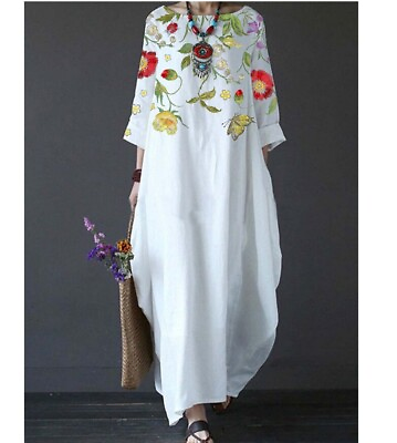 #ad Plus Size Womens Loose Kaftan Summer Floral Boho Maxi Dress Ladies Sundress Gown