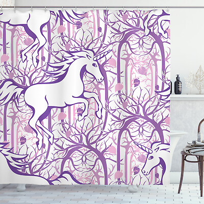 Unicorn Shower Curtain Magic Fairytale Forest Print for Bathroom