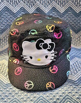#ad Sanrio Hello Kitty Cadet Hat Black amp; Ranbow Peace Sign Elastic Back Girls