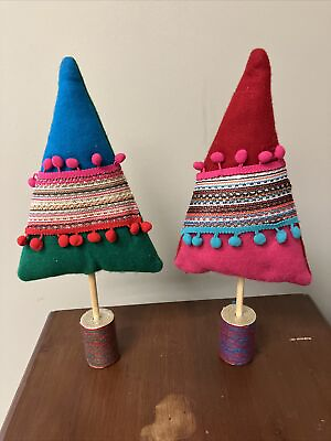 Christmas Decor Fabric Stuffed Trees With Pom Poms Wooden Stands Trendy Colors