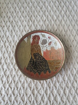 Vintage Small 5quot; Enameled Brass Wall Hanging Plate Trinket Dish Young Woman