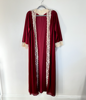 #ad Vintage Satin Lace Robe Lingerie Size Large L Burgundy Red 50s 60s 70s Sheer