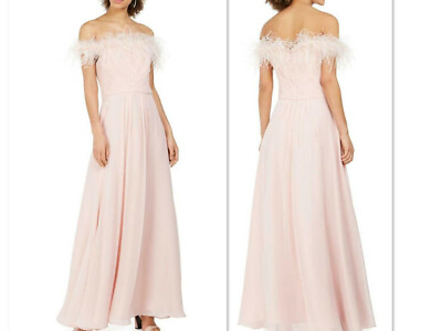Eliza J Women#x27;s Feathers Off The Shoulder Evening Party Dress Gown size 8 Pink