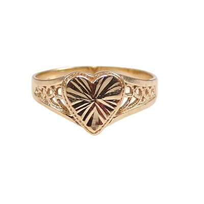 #ad Solid 14K Yellow Gold Heart Love Diamond Cut Filigree Ring Size 5.25