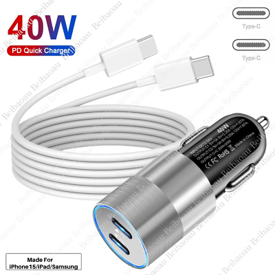 40W Dual Type C Car Charger Adapter USB C To C Cable For iPhone 15 Plus Pro Max