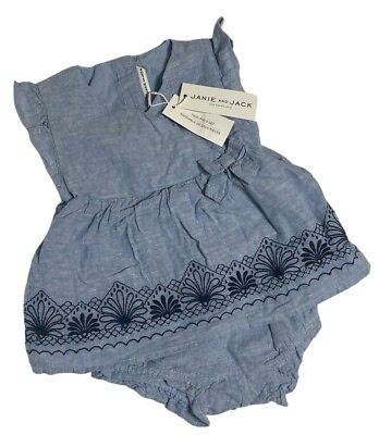 #ad Janie and Jack Linen Blend Set NWT 18 24 Mos Blue Embroidered 2 Piece Outfit